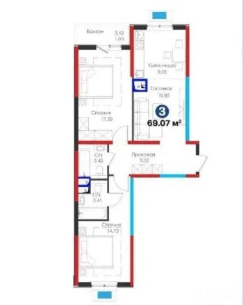 72 м², 3-комн. квартира, 6/13-2