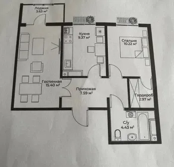 55 м², 2-комн. квартира, 4/13-2