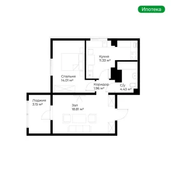 53 м², 2-комн. квартира, 7/16-0