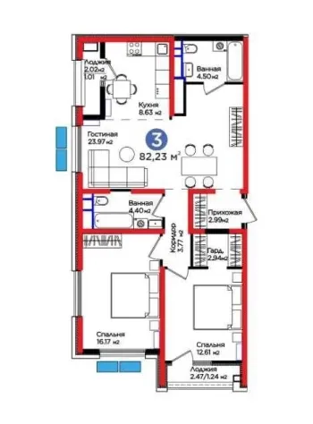82 м², 3-комн. квартира, 15/16-1