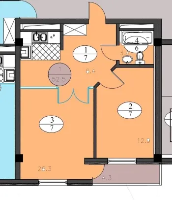 52 м², 2-комн. квартира, 6/10-1
