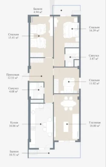 103 м², 4-комн. квартира, 4/14-2