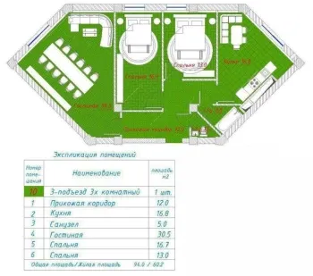 94 м², 3-комн. квартира, 1/10-1