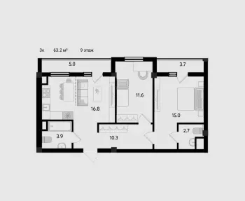 63 м², 3-комн. квартира, 2/10-1