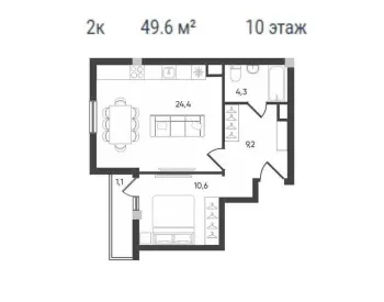 50 м², 2-комн. квартира, 10/16-1