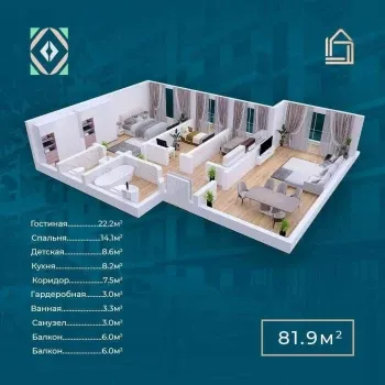 82 m², 3-xonali kvartira, 4/10-0