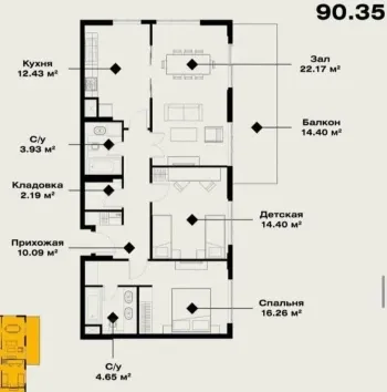 88 м², 3-комн. квартира, 10/14-2