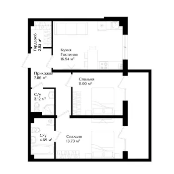 59 m², 2-xonali kvartira, 15/16-2