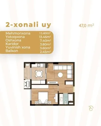 45 m², 2-xonali kvartira, 12/14-0