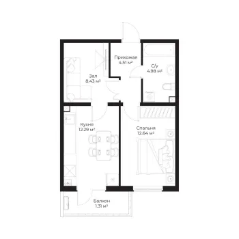 44 м², 2-комн. квартира, 14/16-0