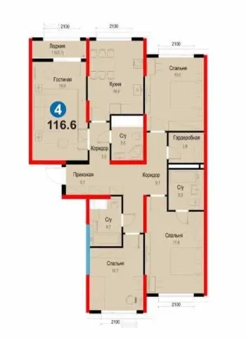 116 m², 4-xonali kvartira, 11/12-1