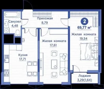 70 м², 2-комн. квартира, 5/15-3