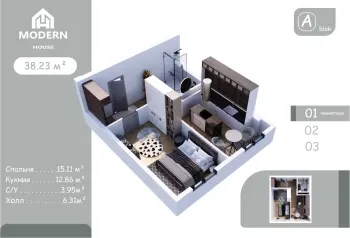 38 m², 1-xonali kvartira, 7/8-0