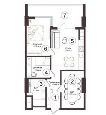 70 м², 2-комн. квартира, 6/16-0