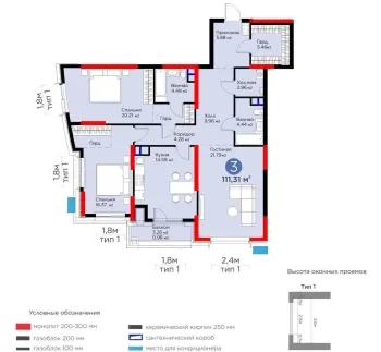 111 м², 3-комн. квартира, 5/15-1
