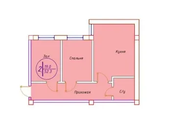 52 м², 2-комн. квартира, 1/5-3