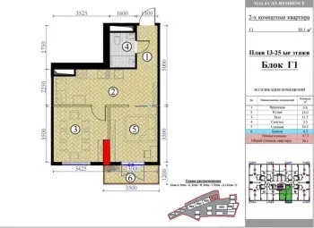 50 м², 2-комн. квартира, 17/25-0