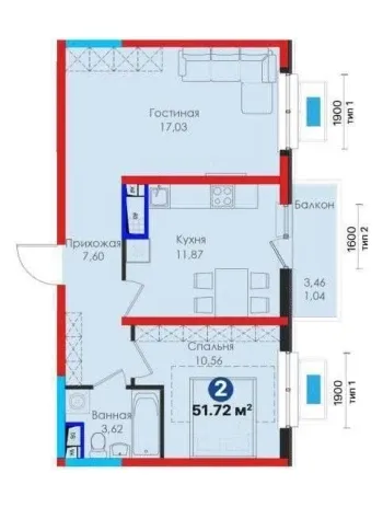 52 м², 2-комн. квартира, 6/10-3