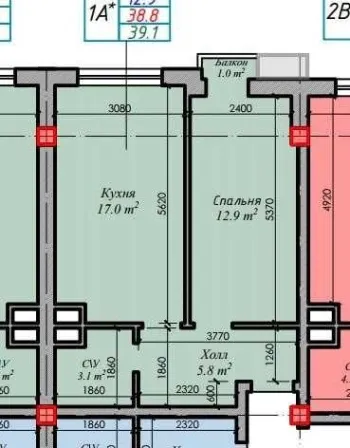 39 m², 1-xonali kvartira, 8/9-2