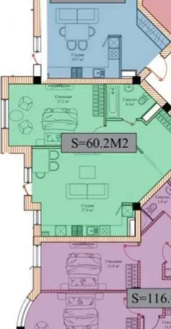 60 м², 2-комн. квартира, 2/13-1