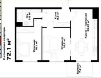 72 м², 3-комн. квартира, 6/14-2