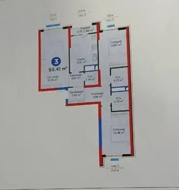 94 м², 3-комн. квартира, 6/9-3