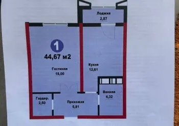 44 м², 1-комн. квартира, 3/10-0