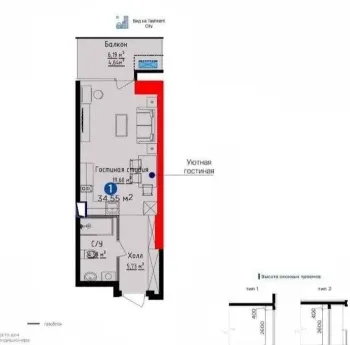 35 м², 1-комн. квартира, 10/26-2