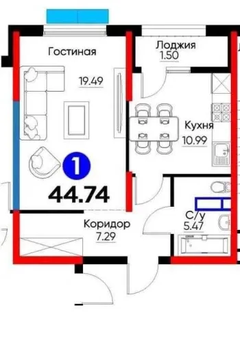 44 м², 1-комн. квартира, 9/9-3