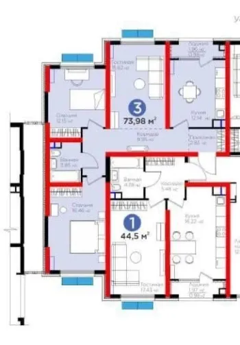 74 м², 3-комн. квартира, 3/14-2