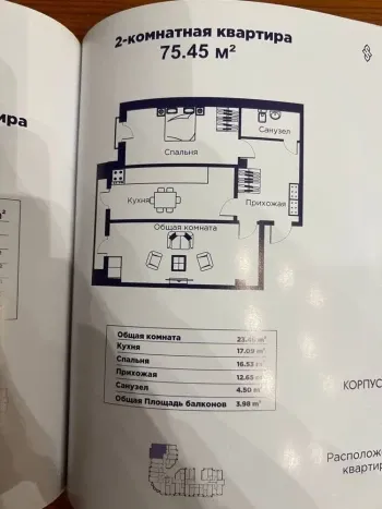 75 м², 2-комн. квартира, 4/9-3