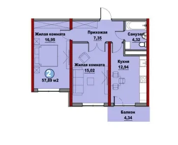 57 м², 2-комн. квартира, 6/16-0