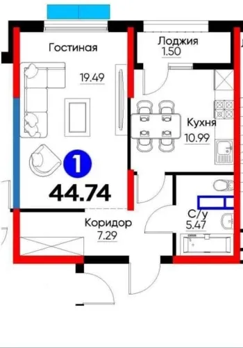 44 м², 1-комн. квартира, 9/9-2