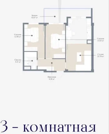 85 м², 3-комн. квартира, 4/14-2