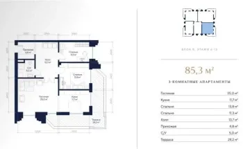 89 м², 3-комн. квартира, 6/13-1