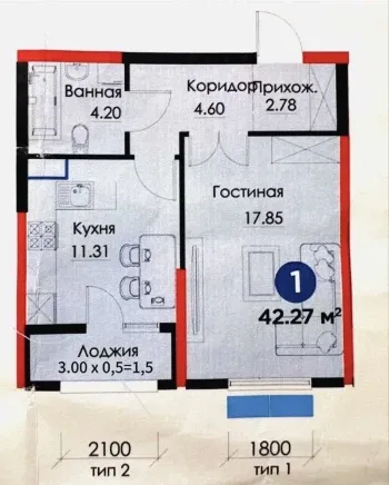 42 м², 1-комн. квартира, 3/12-2