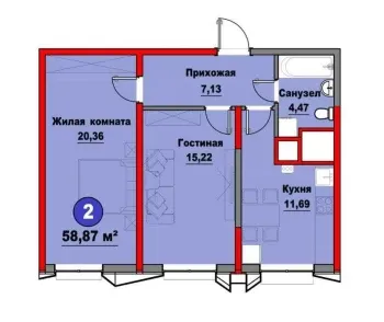 67 м², 2-комн. квартира, 6/15-2