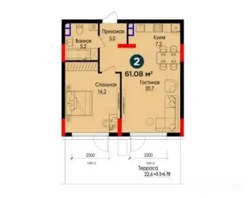 55 м², 2-комн. квартира, 1/5-0
