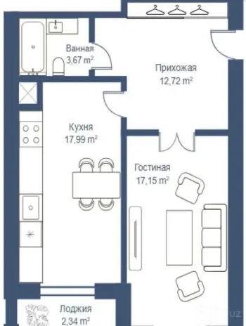 55 м², 2-комн. квартира, 11/12-1