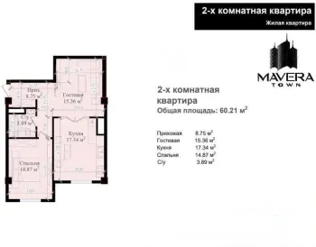 60 м², 2-комн. квартира, 16/16-1