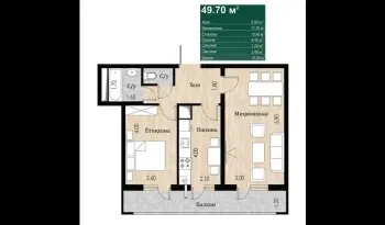 50 м², 2-комн. квартира, 2/16-1
