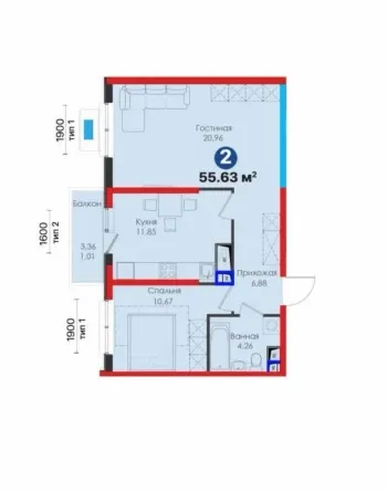 56 м², 2-комн. квартира, 12/13-1