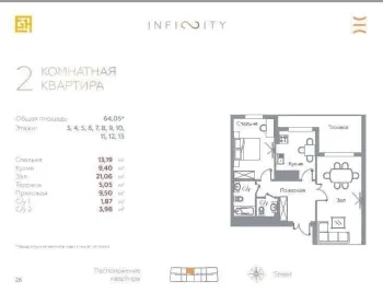 65 м², 2-комн. квартира, 13/16-3