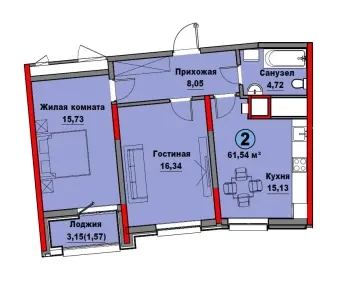 44 м², 2-комн. квартира, 2-15/15-0