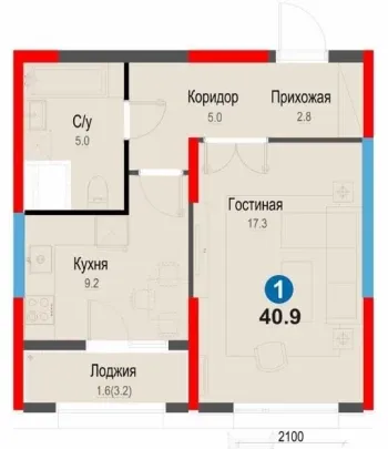 40 m², 1-xonali kvartira, 7/12-2