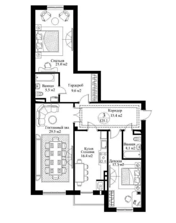 129 м², 3-комн. квартира, 8/9-3