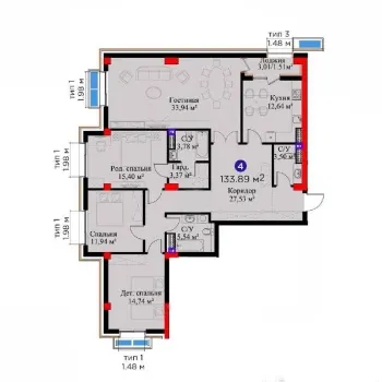 133 m², 4-xonali kvartira, 6/12-1