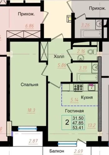 53 м², 2-комн. квартира, 9/12-2