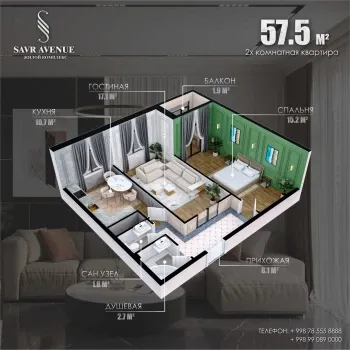 57 m², 2-xonali kvartira, 10/12-0