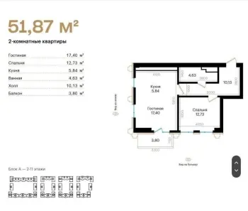 51 м², 2-комн. квартира, 10/12-2
